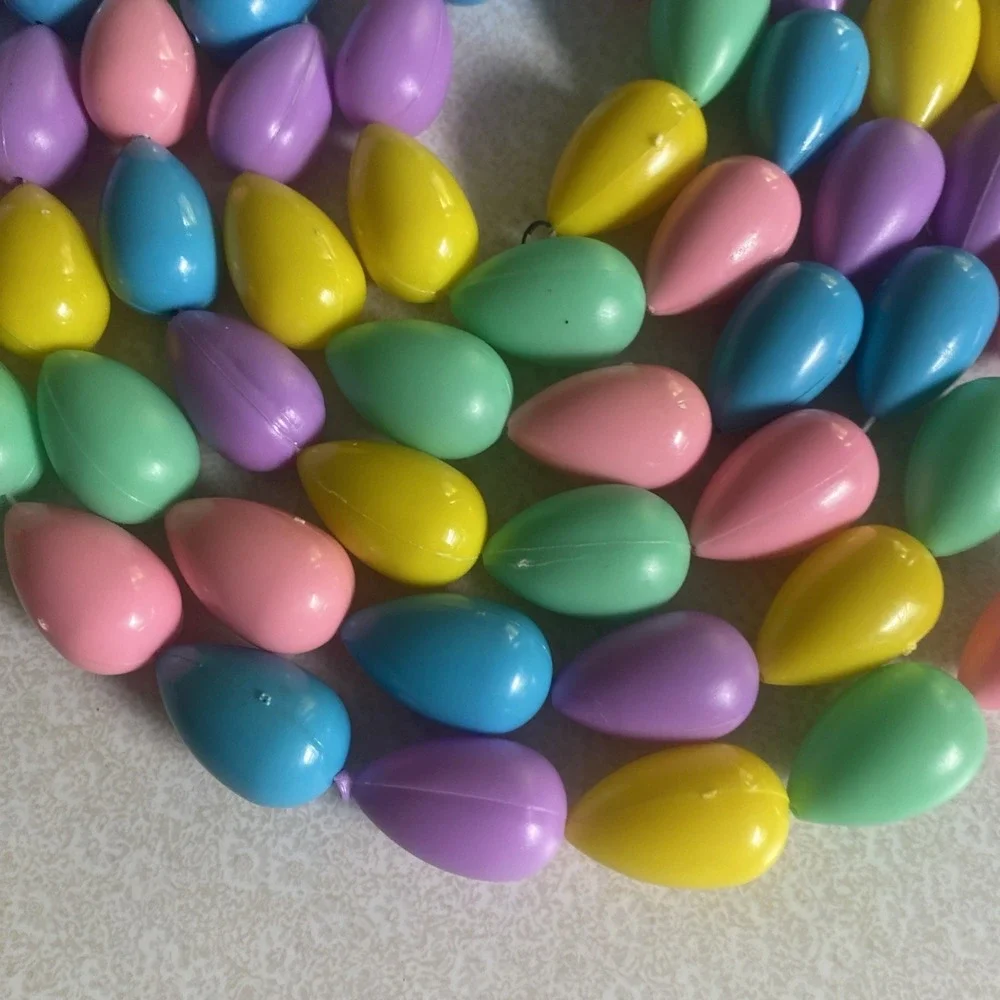 2 EASTER EGG GARLANDs True Vintage Blow Mold Plastic 7+ft Strands Bright Pastel